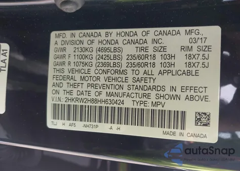 2017 Honda Cr-V Ex-L/Ex-L Navi из США, поврежденный, VIN 2HKRW2H88HH630424